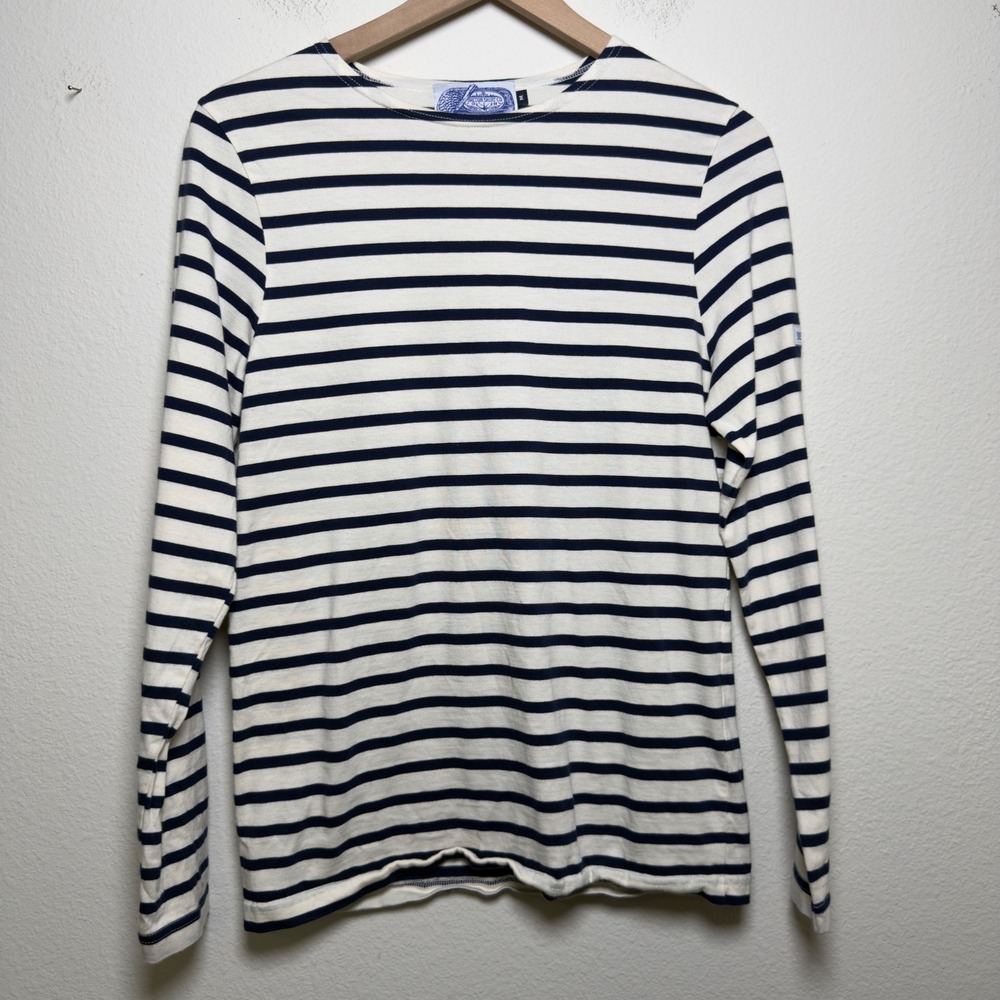 Breton Shirt Co Women Cotton Top Medium White Navy Blue Striped Nautical Preppy
